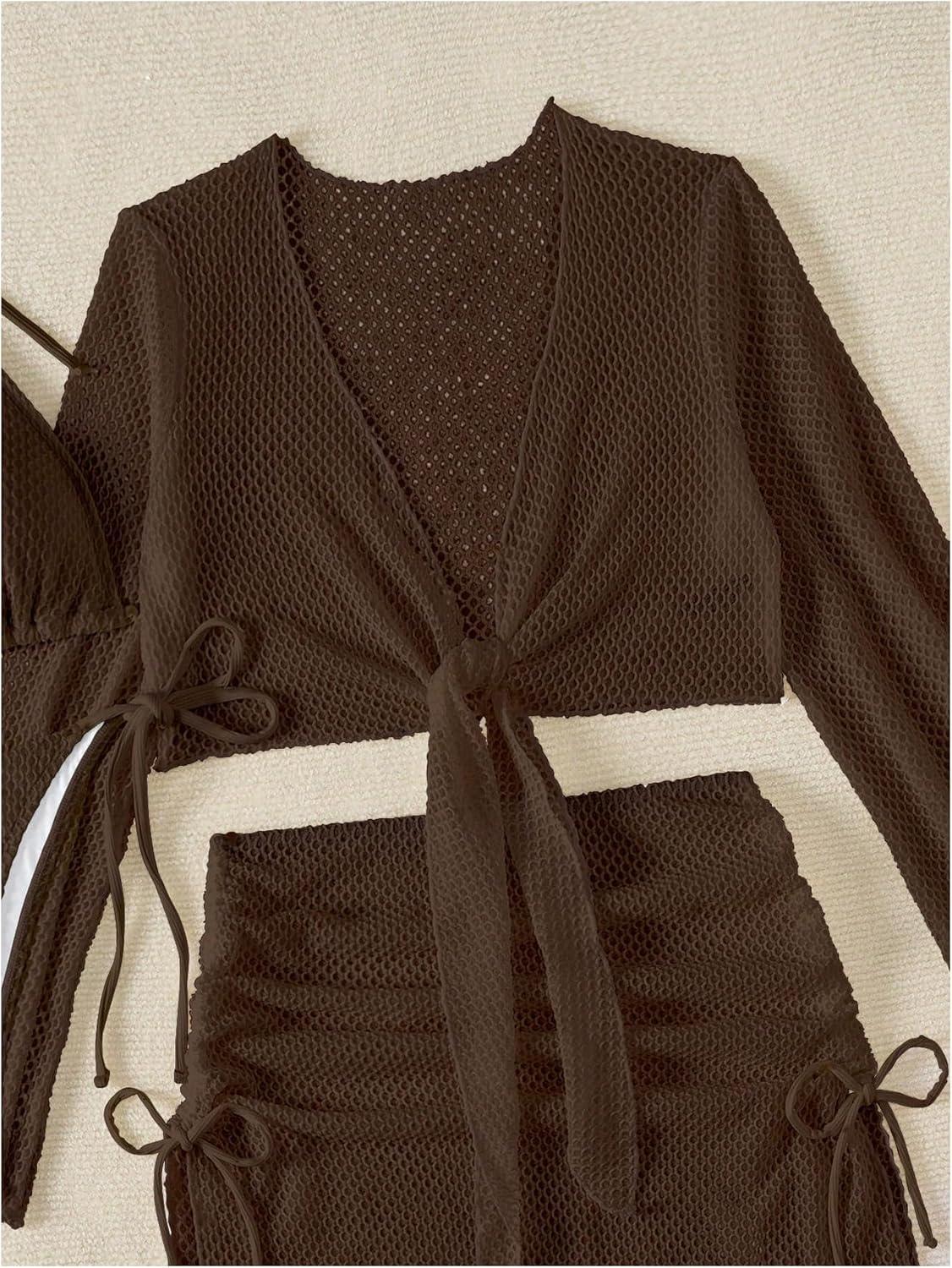 imageSHENHE Womens 4 Piece Swimsuit Fishnet Triangle Halter String Bikini Set with Cover Up Top SkirtDark Brown