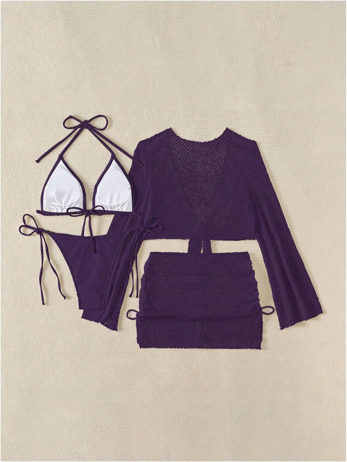 imageSHENHE Womens 4 Piece Swimsuit Fishnet Triangle Halter String Bikini Set with Cover Up Top SkirtPurple