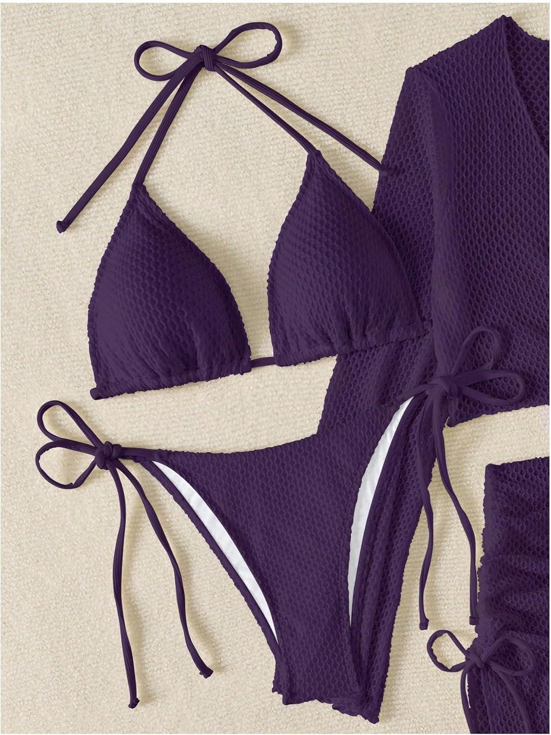 imageSHENHE Womens 4 Piece Swimsuit Fishnet Triangle Halter String Bikini Set with Cover Up Top SkirtPurple