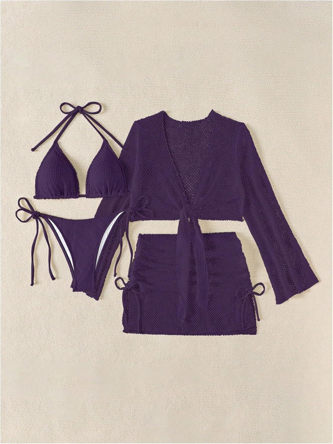 imageSHENHE Womens 4 Piece Swimsuit Fishnet Triangle Halter String Bikini Set with Cover Up Top SkirtPurple