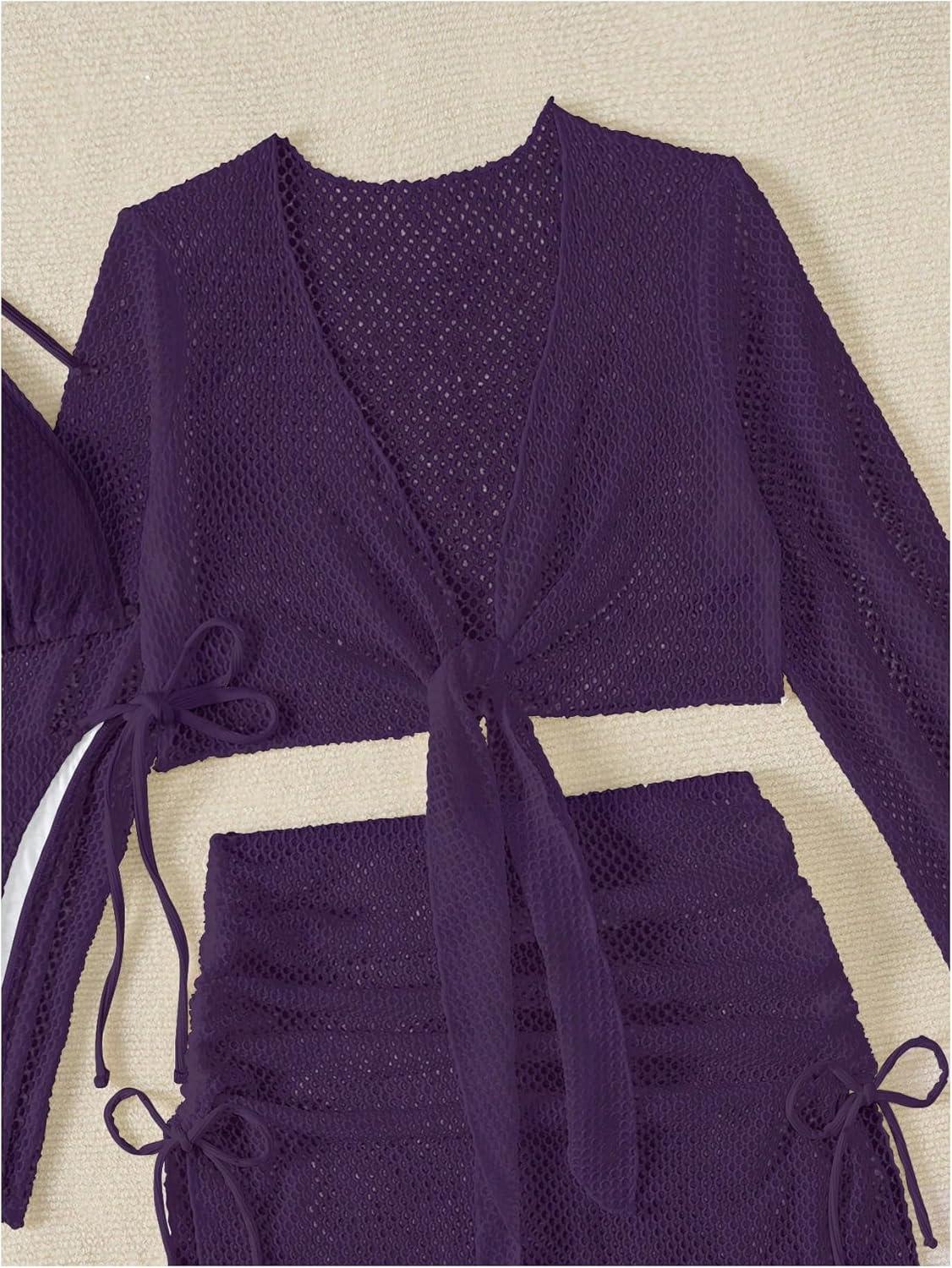 imageSHENHE Womens 4 Piece Swimsuit Fishnet Triangle Halter String Bikini Set with Cover Up Top SkirtPurple