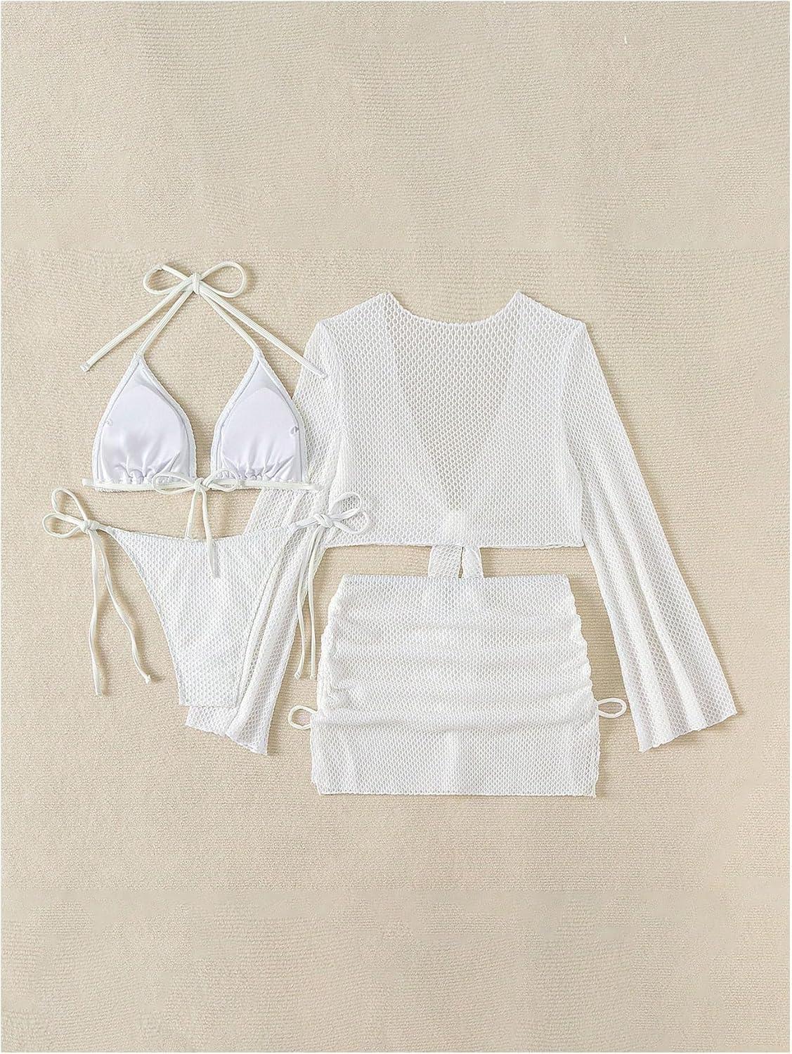 imageSHENHE Womens 4 Piece Swimsuit Fishnet Triangle Halter String Bikini Set with Cover Up Top SkirtWhite