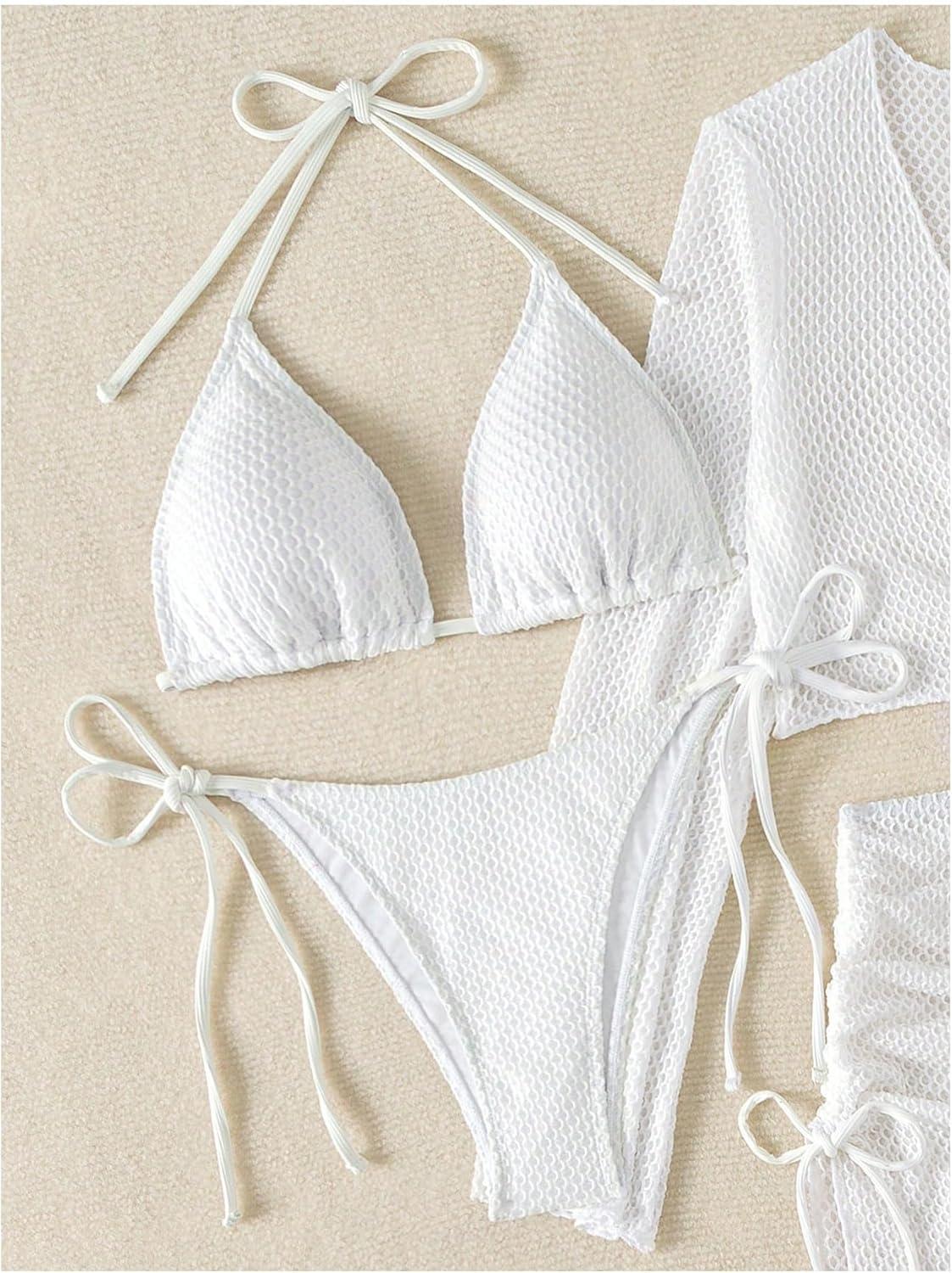 imageSHENHE Womens 4 Piece Swimsuit Fishnet Triangle Halter String Bikini Set with Cover Up Top SkirtWhite