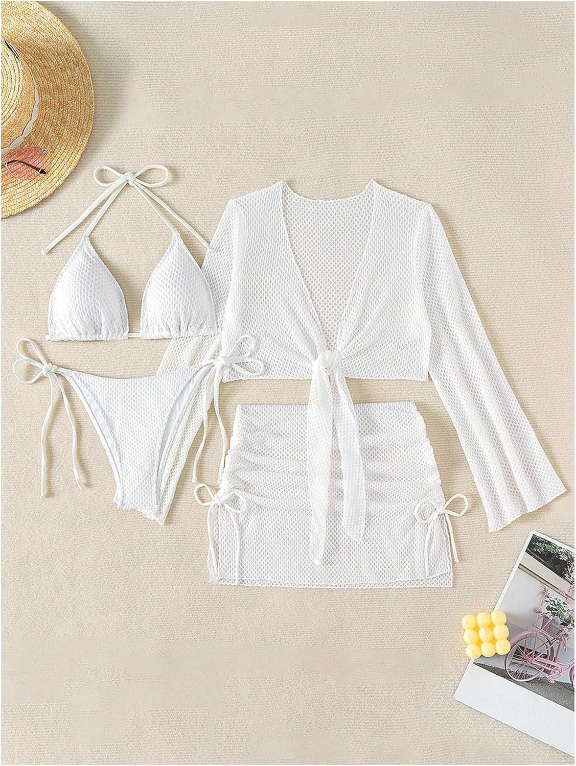 imageSHENHE Womens 4 Piece Swimsuit Fishnet Triangle Halter String Bikini Set with Cover Up Top SkirtWhite