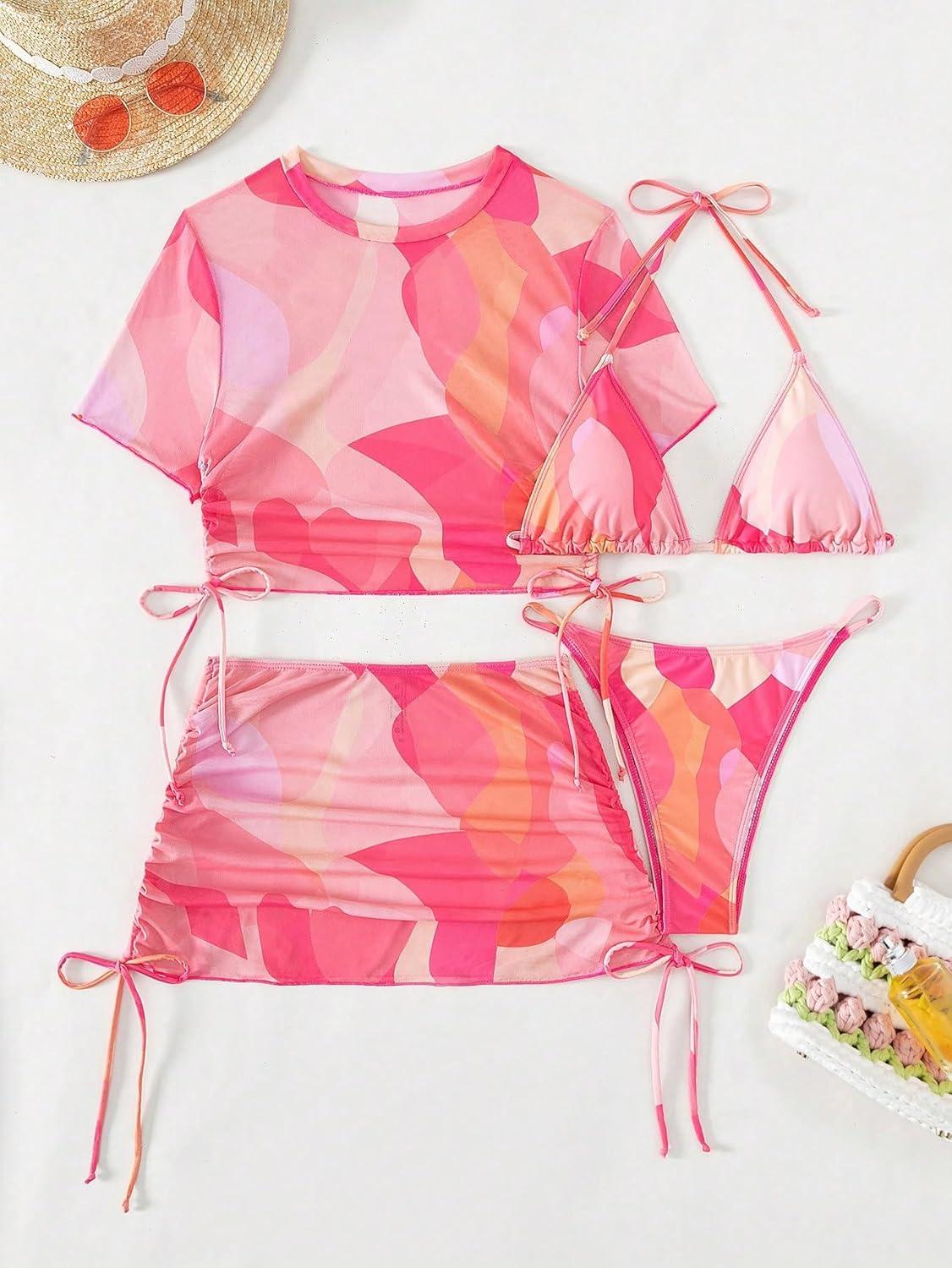imageSHENHE Womens 4 Pieces Thong Swimsuits Halter Triangle Bikini Set with Cover Up Top and SkirtPink