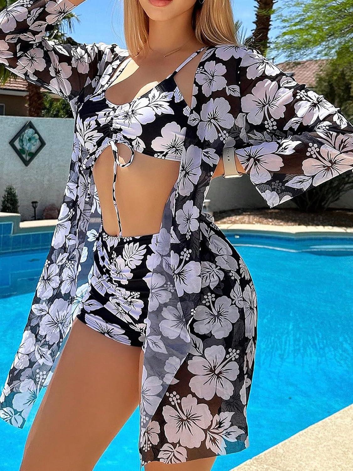 imageSHENHE Womens Floral 3 Piece Swimsuits High Waisted Boyshort Bikini Set with Kimono Cover UpBlack and White