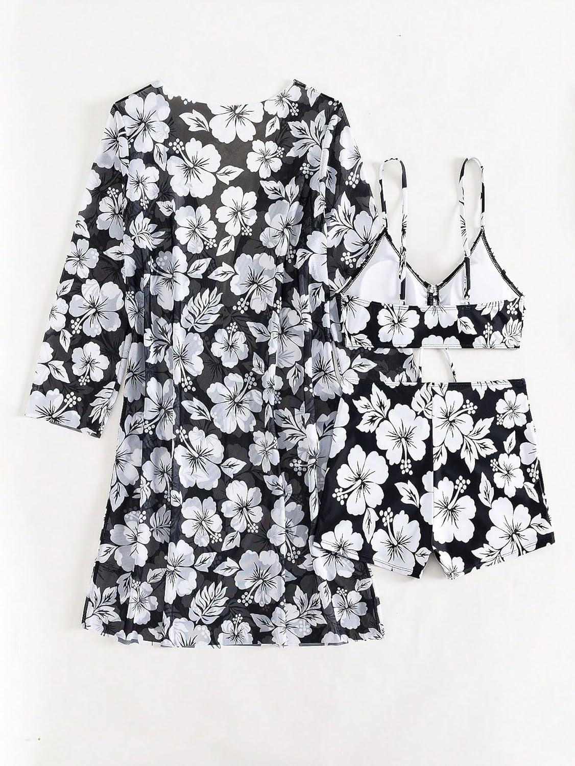 imageSHENHE Womens Floral 3 Piece Swimsuits High Waisted Boyshort Bikini Set with Kimono Cover UpBlack and White