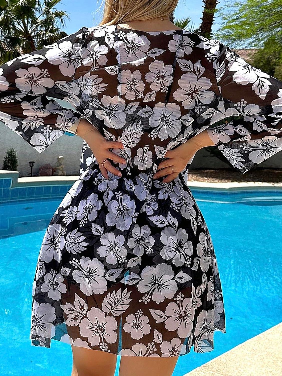 imageSHENHE Womens Floral 3 Piece Swimsuits High Waisted Boyshort Bikini Set with Kimono Cover UpBlack and White