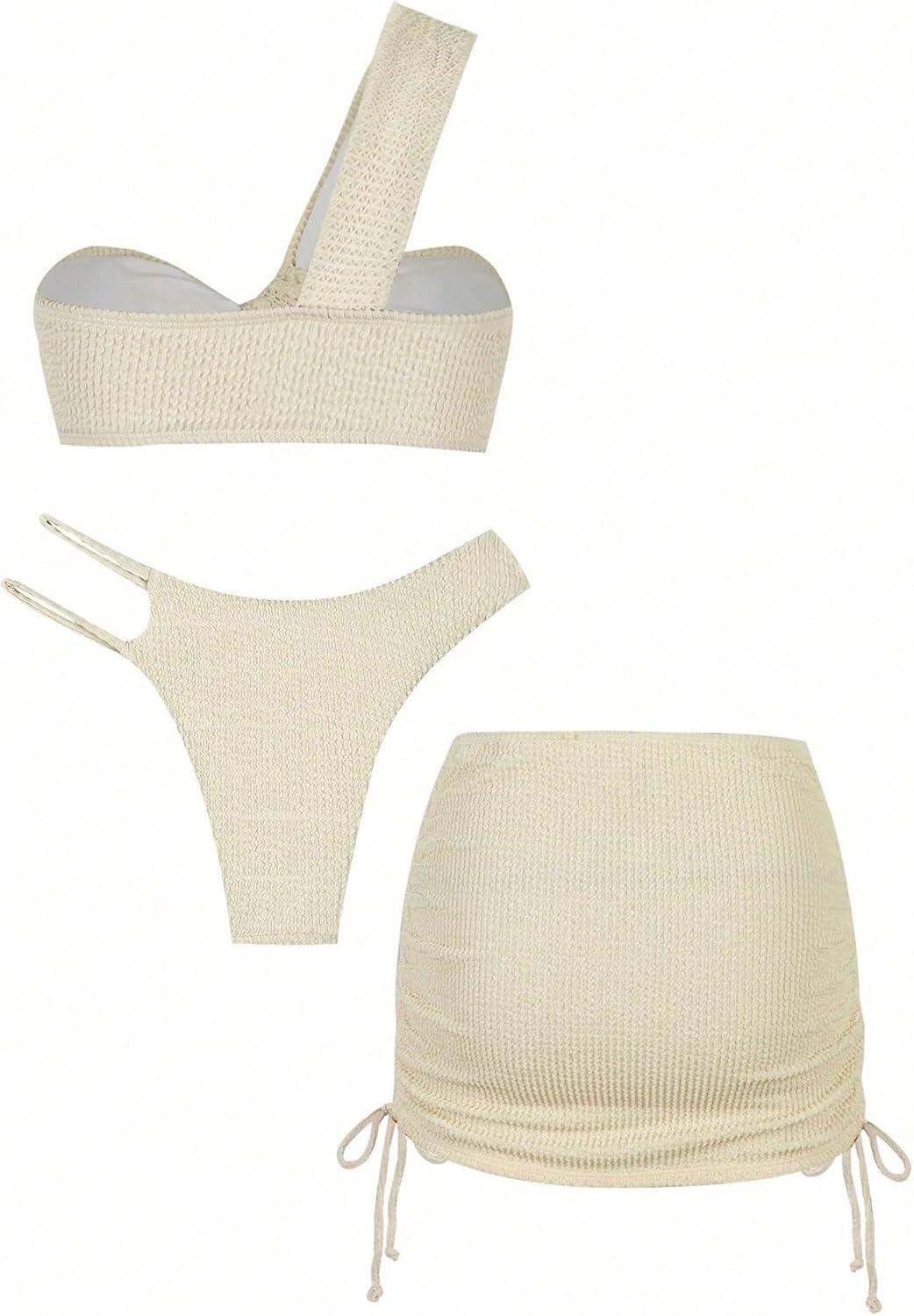 imageSHENHE Womens One Shoulder Twisted High Cut 3 Piece Bandeau Bikini Set with Cover Up SkirtBeige