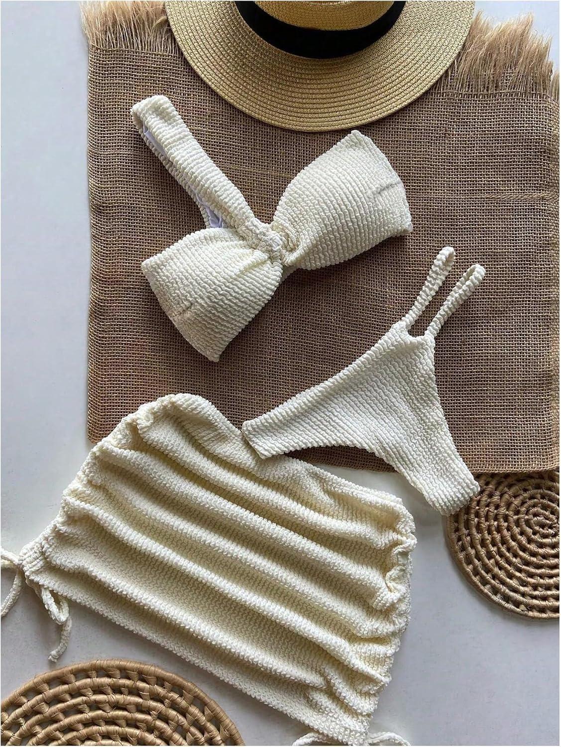 imageSHENHE Womens One Shoulder Twisted High Cut 3 Piece Bandeau Bikini Set with Cover Up SkirtBeige