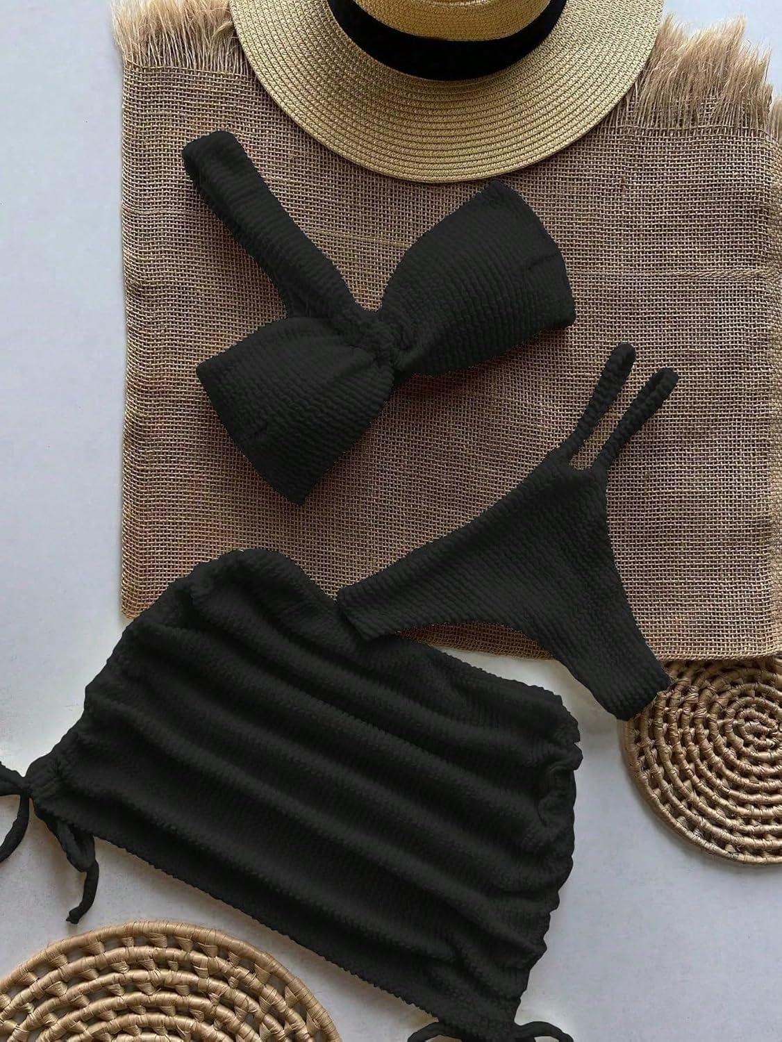 imageSHENHE Womens One Shoulder Twisted High Cut 3 Piece Bandeau Bikini Set with Cover Up SkirtBlack