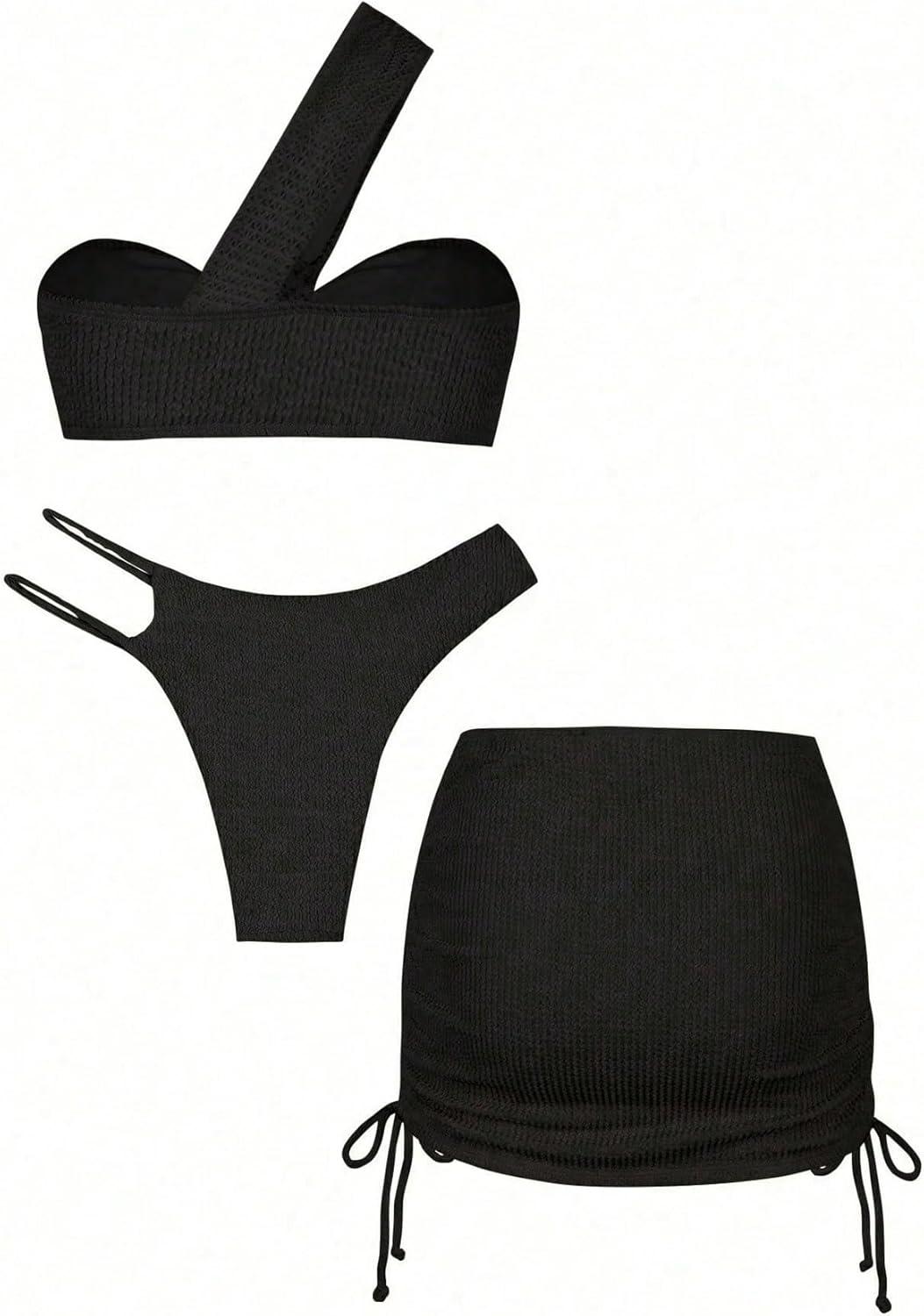 imageSHENHE Womens One Shoulder Twisted High Cut 3 Piece Bandeau Bikini Set with Cover Up SkirtBlack