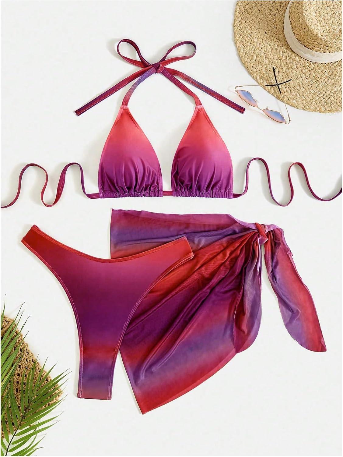 imageSHENHE Womens Plus Size 3 Piece Swimsuits Triangle Halter High Cut Thong Bikini Set with SarongMulticolor