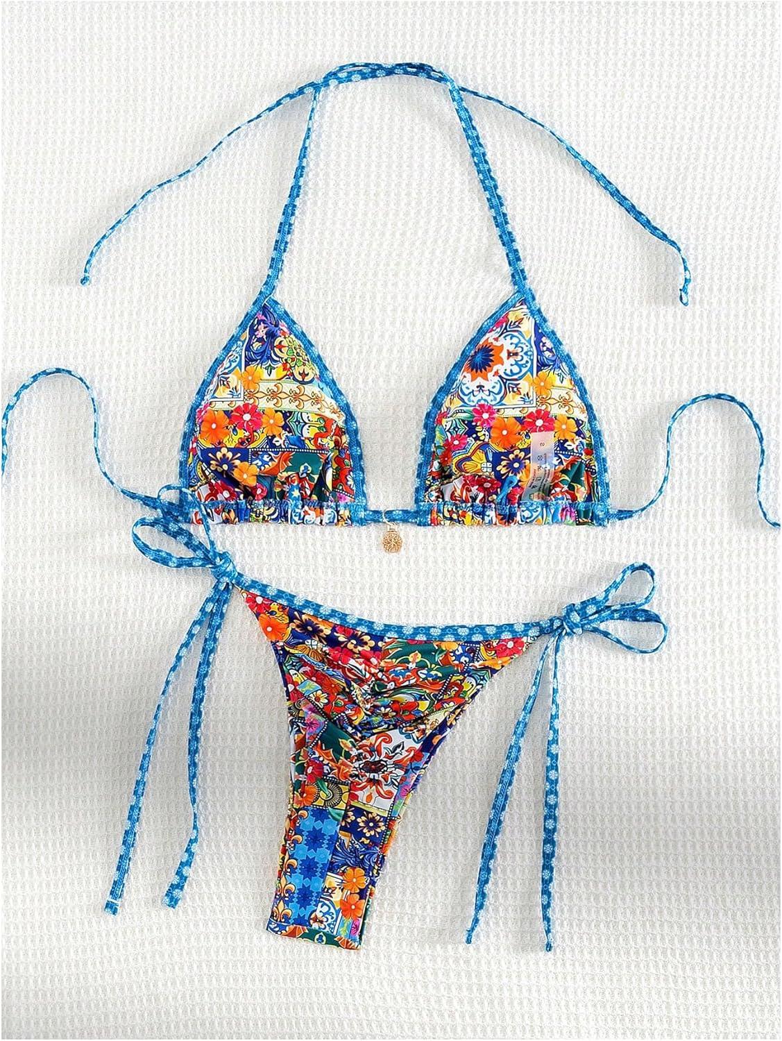 imageSHENHE Womens Vacation Random Print Halter Neck Bikini Set Beach Outfit 2 Piece Bathing Suit Floral Print Blue Small