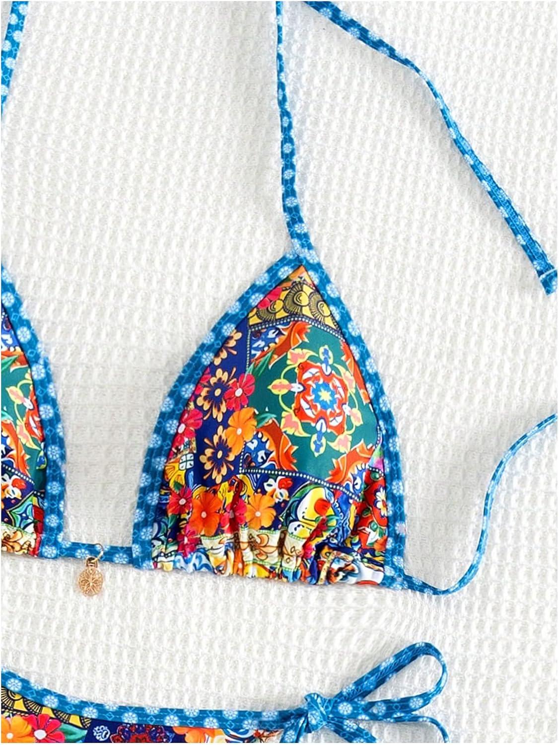 imageSHENHE Womens Vacation Random Print Halter Neck Bikini Set Beach Outfit 2 Piece Bathing Suit Floral Print Blue Small