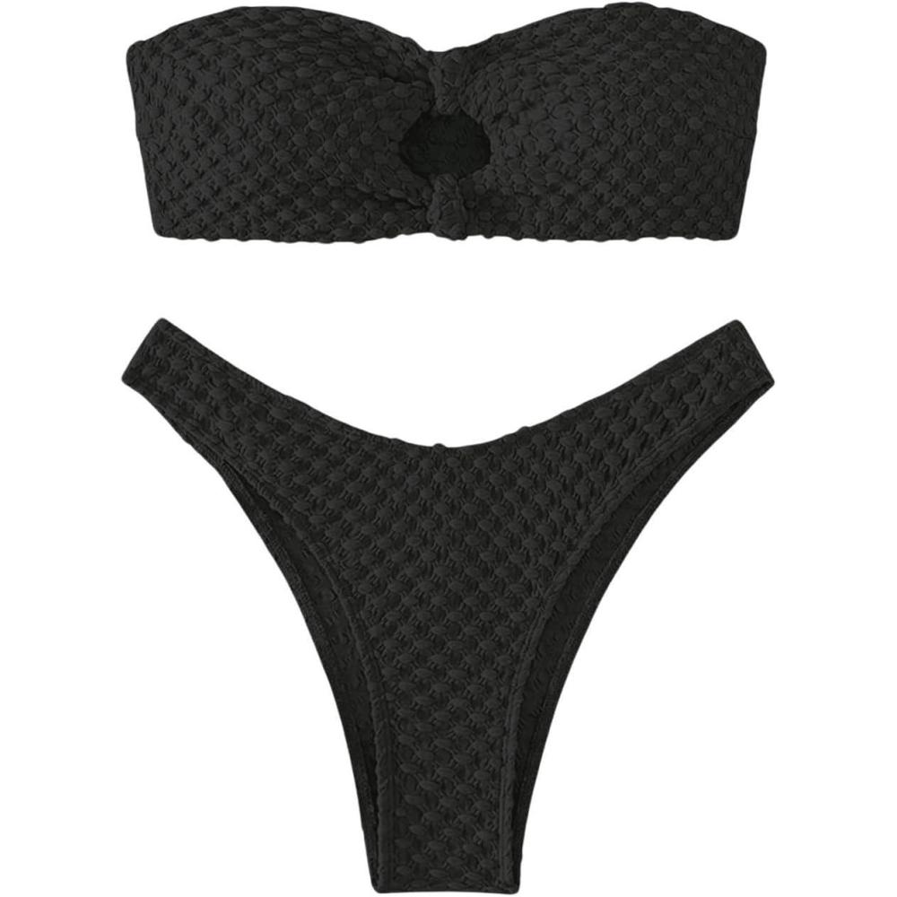 imageSHENHE Womens 2 Piece Strapless Cut Out Bandeau Swimsuit Bathing Suit Bikini SetsSimple Black