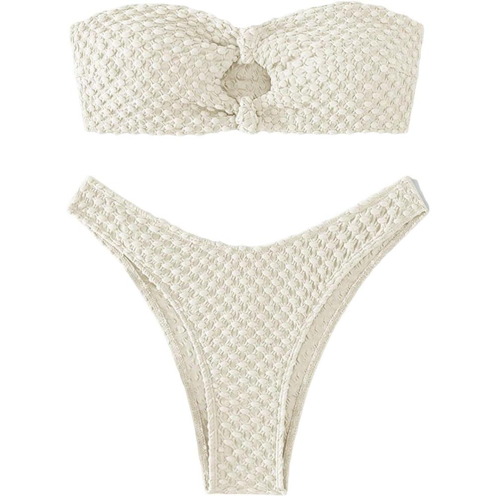 imageSHENHE Womens 2 Piece Strapless Cut Out Bandeau Swimsuit Bathing Suit Bikini SetsTextured Beige