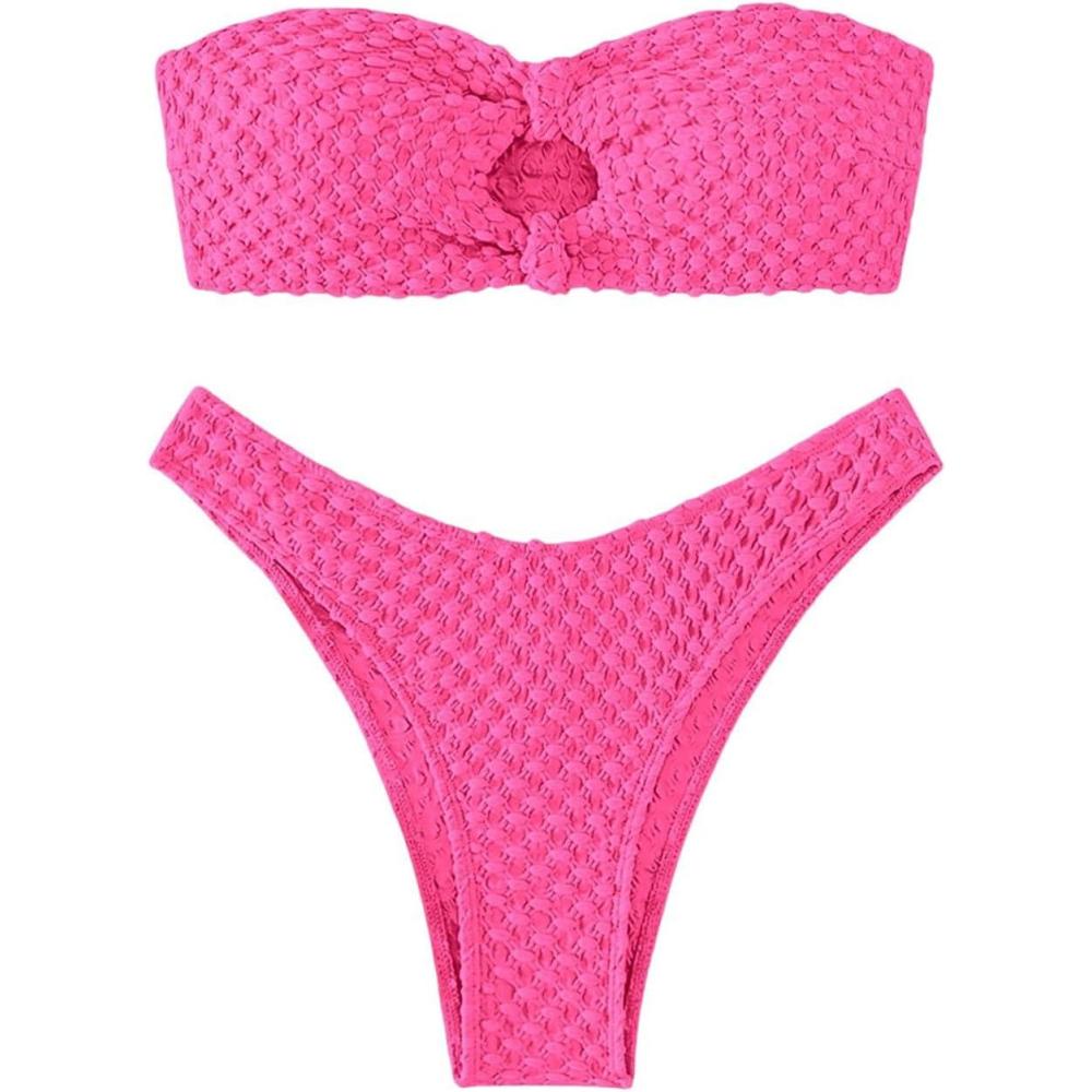 imageSHENHE Womens 2 Piece Strapless Cut Out Bandeau Swimsuit Bathing Suit Bikini SetsTextured Hot Pink