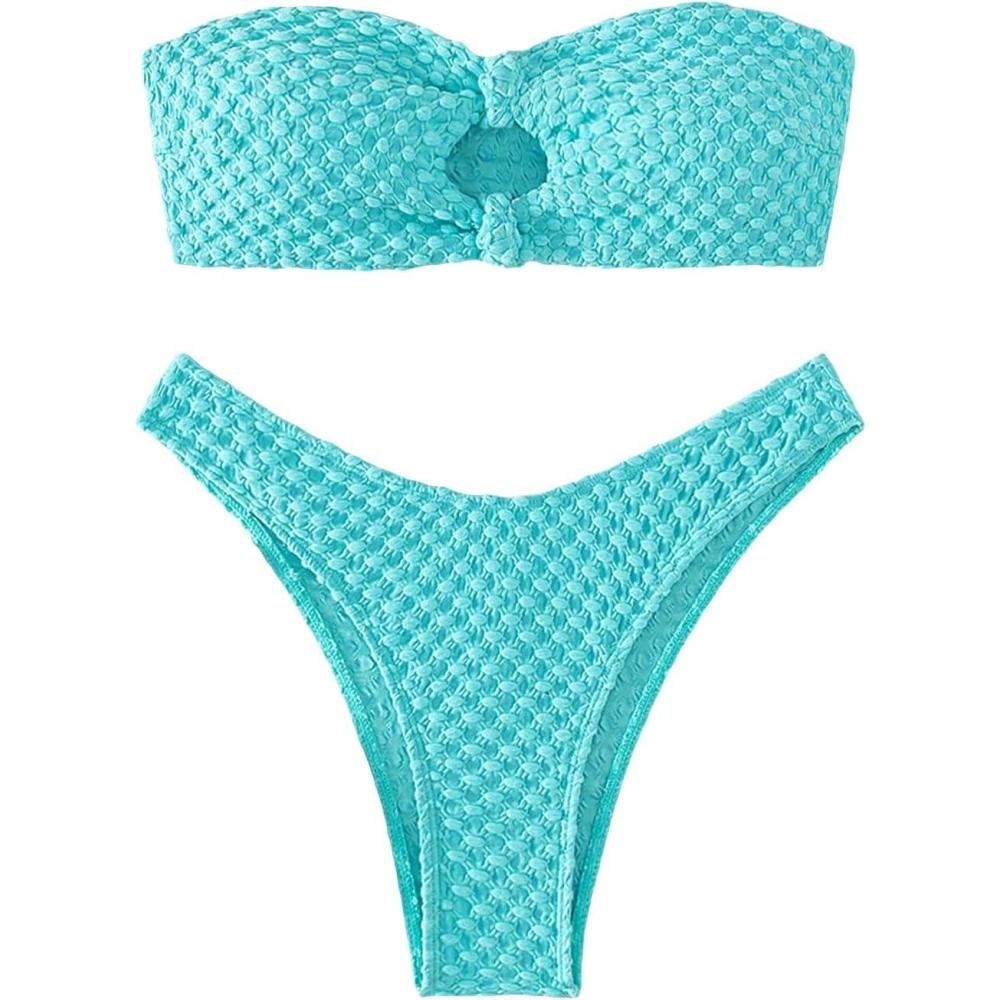 imageSHENHE Womens 2 Piece Strapless Cut Out Bandeau Swimsuit Bathing Suit Bikini SetsTextured Mint Blue
