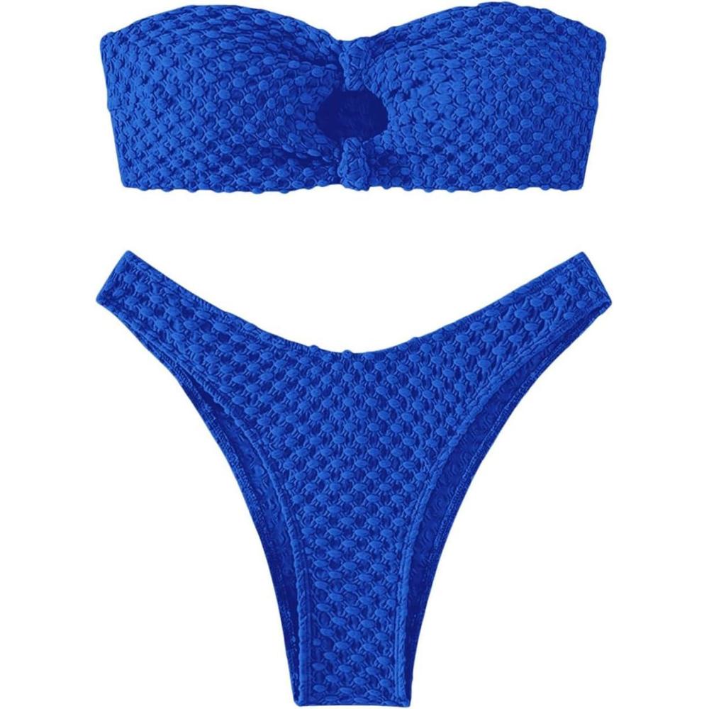 imageSHENHE Womens 2 Piece Strapless Cut Out Bandeau Swimsuit Bathing Suit Bikini SetsTextured Royal Blue