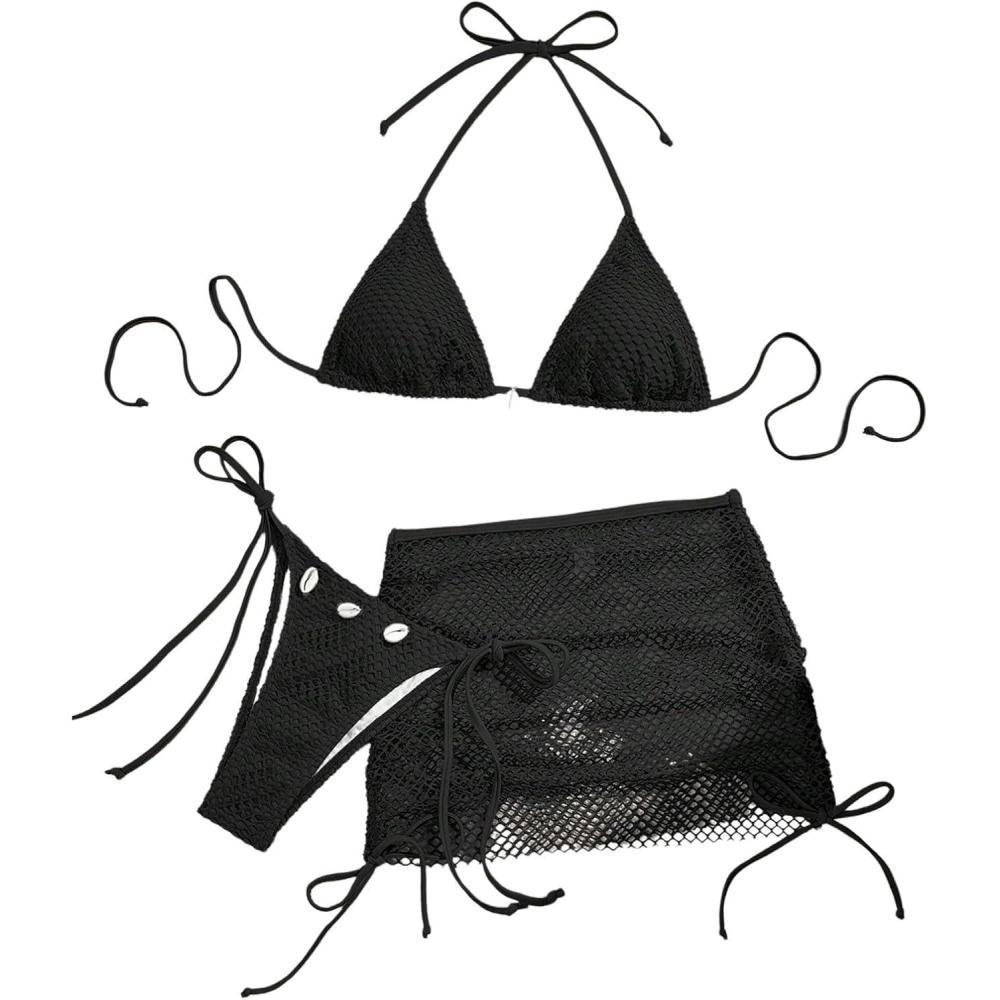 imageSHENHE Womens 3 Piece Bikini Set Shell Decor Halter Bra and Bottom with Cover Up SkirtBlack