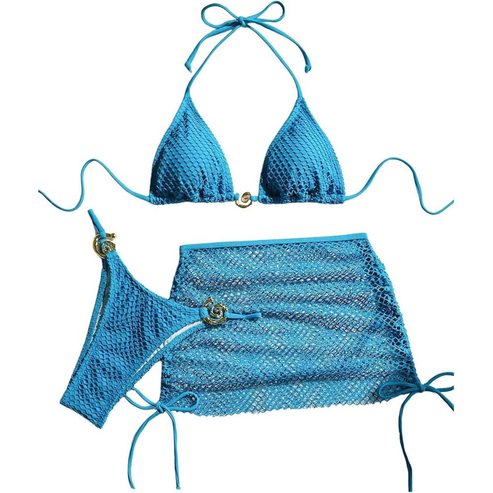 imageSHENHE Womens 3 Piece Bikini Set Shell Decor Halter Bra and Bottom with Cover Up SkirtFishnet Blue