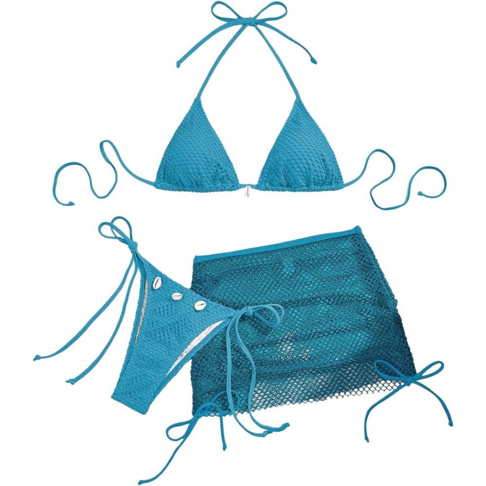 imageSHENHE Womens 3 Piece Bikini Set Shell Decor Halter Bra and Bottom with Cover Up SkirtFishnet Blue a