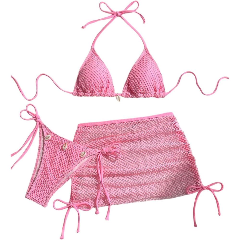 imageSHENHE Womens 3 Piece Bikini Set Shell Decor Halter Bra and Bottom with Cover Up SkirtLight Pink