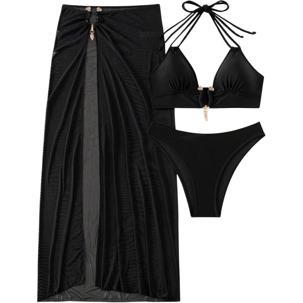 imageSHENHE Womens 3 Piece Halter Swimsuit Metal Ring Cheeky Bikini Set with Long Cover Up SkirtBlack