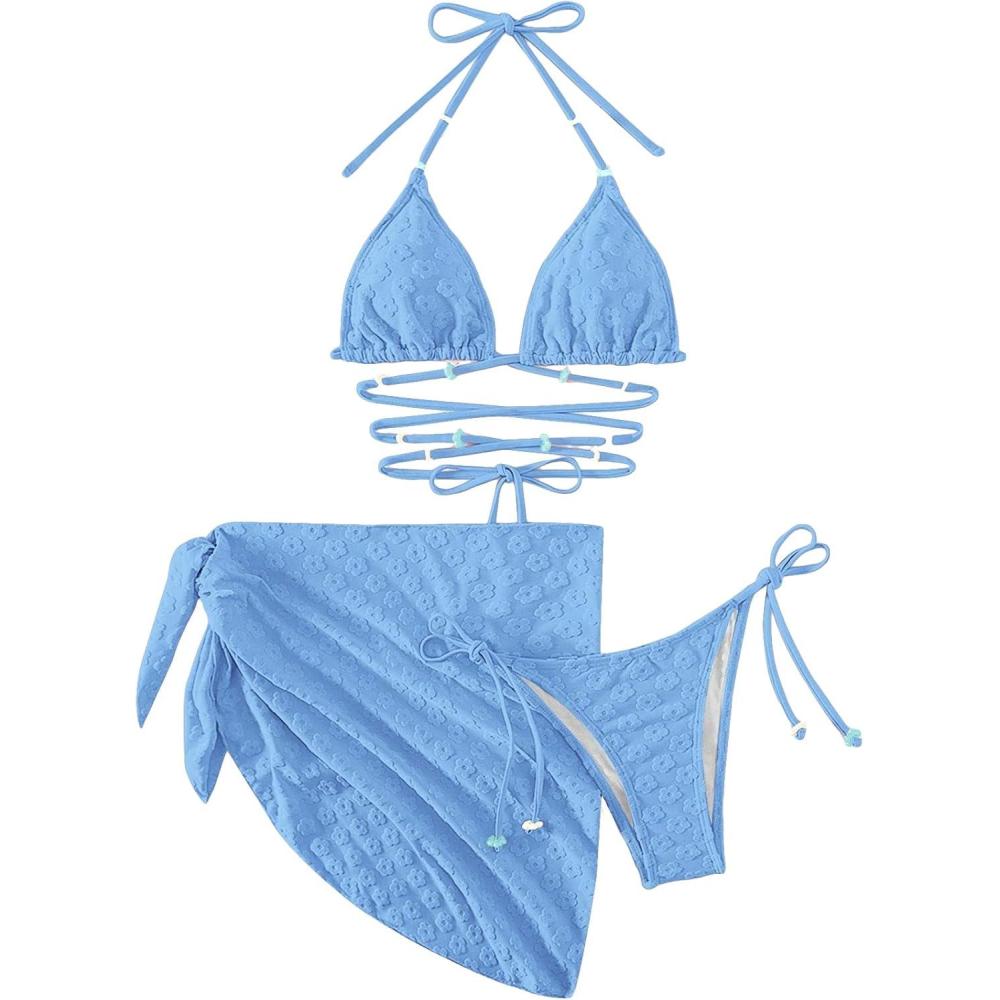 imageSHENHE Womens 3 Piece Swimsuit Halter Tie Side Cute Triangle Bikini Set with Beach SkirtBlue Solid