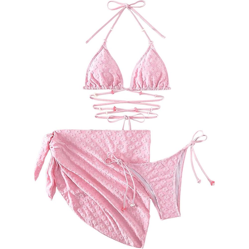 imageSHENHE Womens 3 Piece Swimsuit Halter Tie Side Cute Triangle Bikini Set with Beach SkirtLight Pink