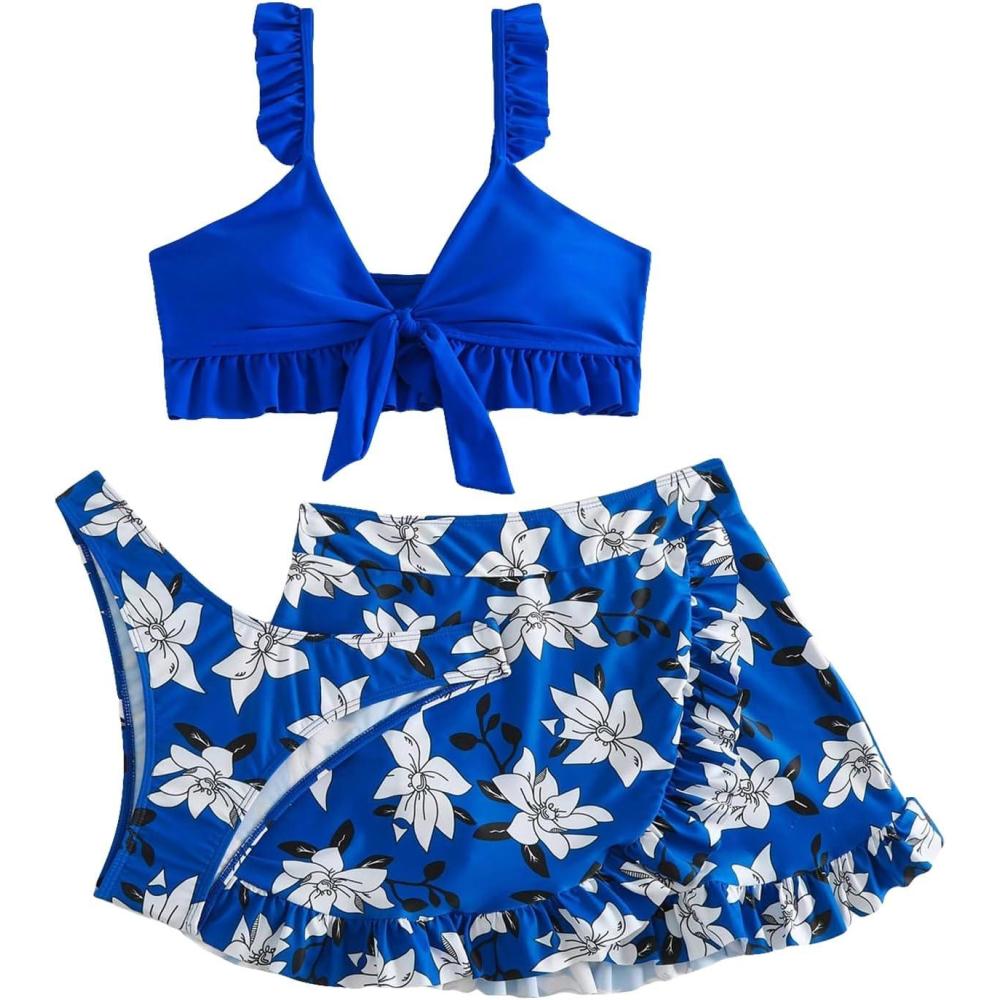 imageSHENHE Womens 3 Piece Swimsuit Knotted Ruffle High Cut Bikini Set with Cover Up SkirtBlue