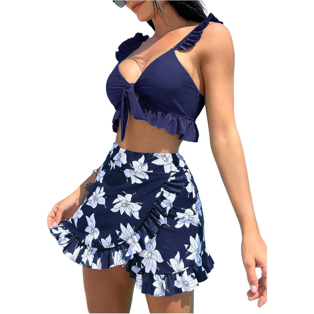 imageSHENHE Womens 3 Piece Swimsuit Knotted Ruffle High Cut Bikini Set with Cover Up SkirtDark Blue
