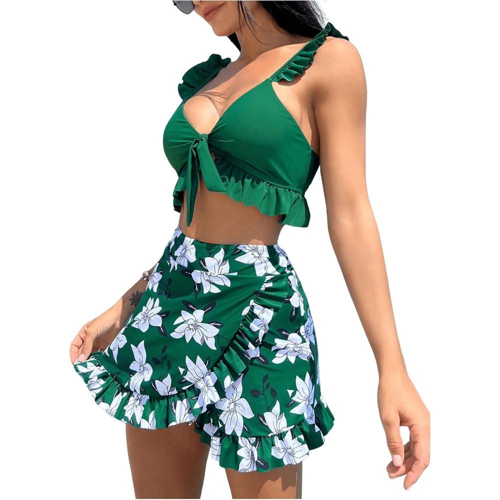 imageSHENHE Womens 3 Piece Swimsuit Knotted Ruffle High Cut Bikini Set with Cover Up SkirtDark Green