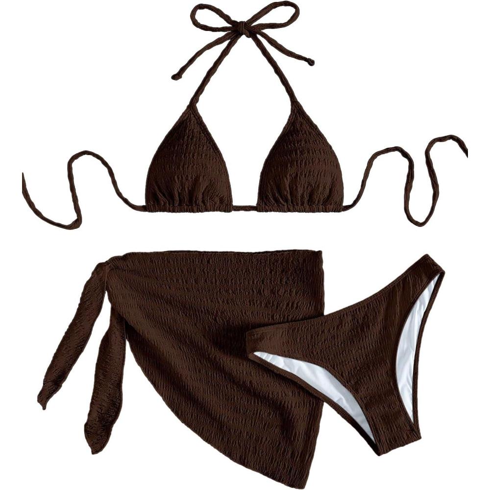 imageSHENHE Womens 3 Piece Textured High Cut Halter Triangle Bikini Swimsuit with Cover UpChocolate Brown