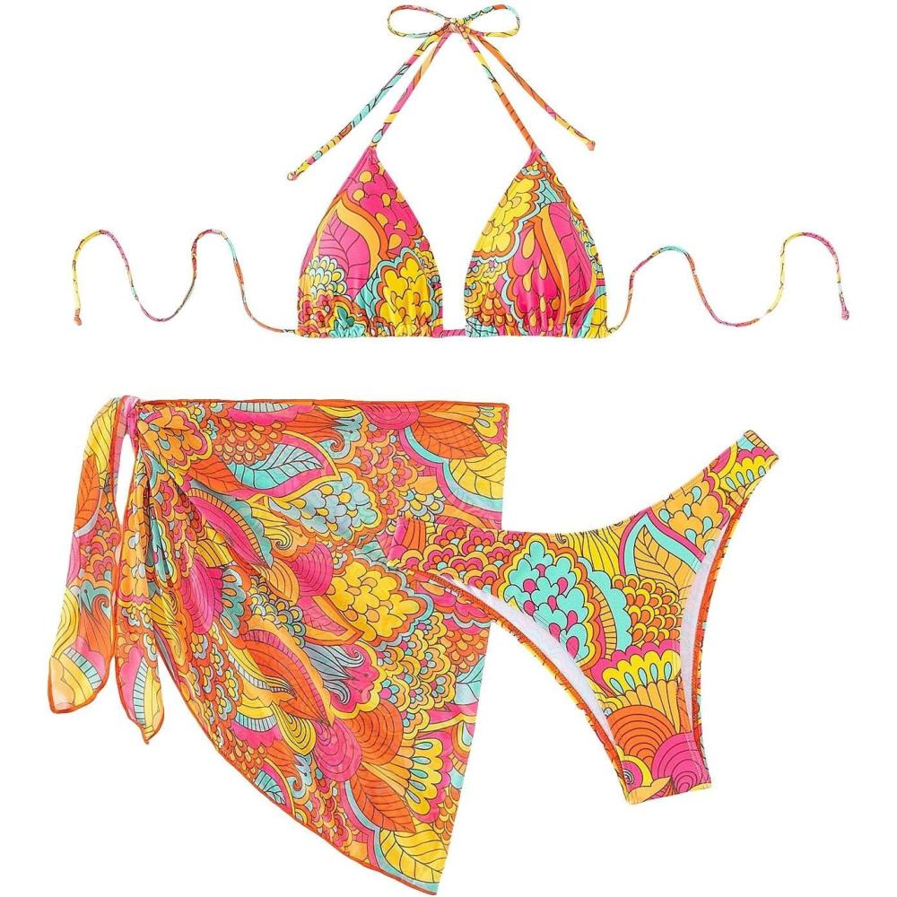 imageSHENHE Womens 3 Piece Textured High Cut Halter Triangle Bikini Swimsuit with Cover UpFloral Pink Multi