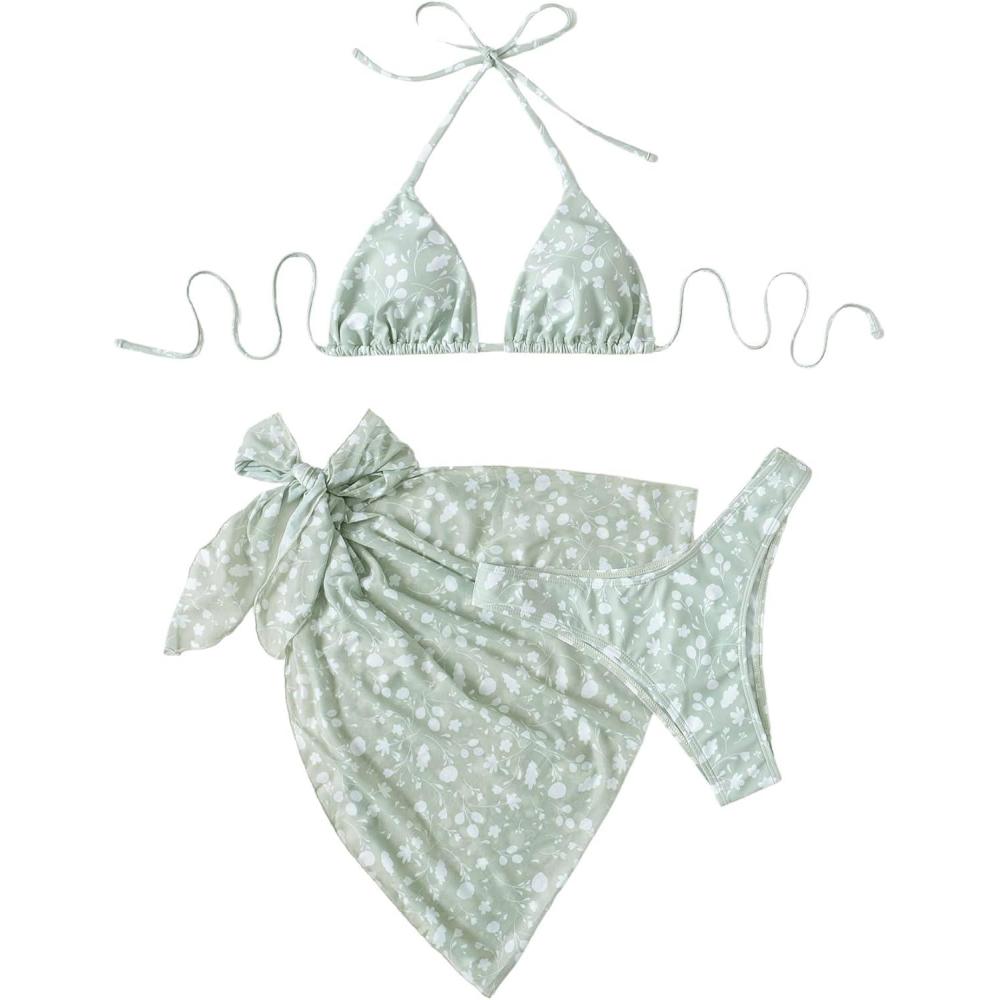 imageSHENHE Womens 3 Piece Textured High Cut Halter Triangle Bikini Swimsuit with Cover UpLight Green