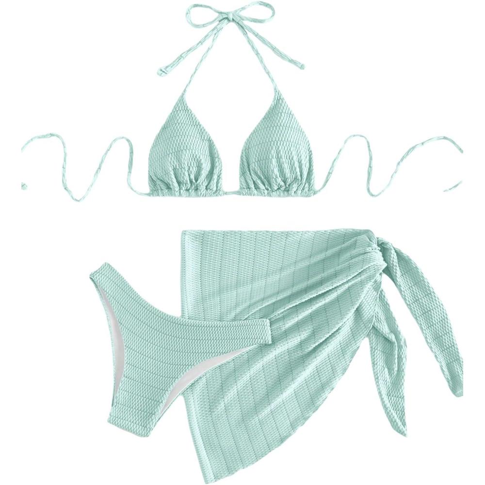 imageSHENHE Womens 3 Piece Textured High Cut Halter Triangle Bikini Swimsuit with Cover UpMint Green