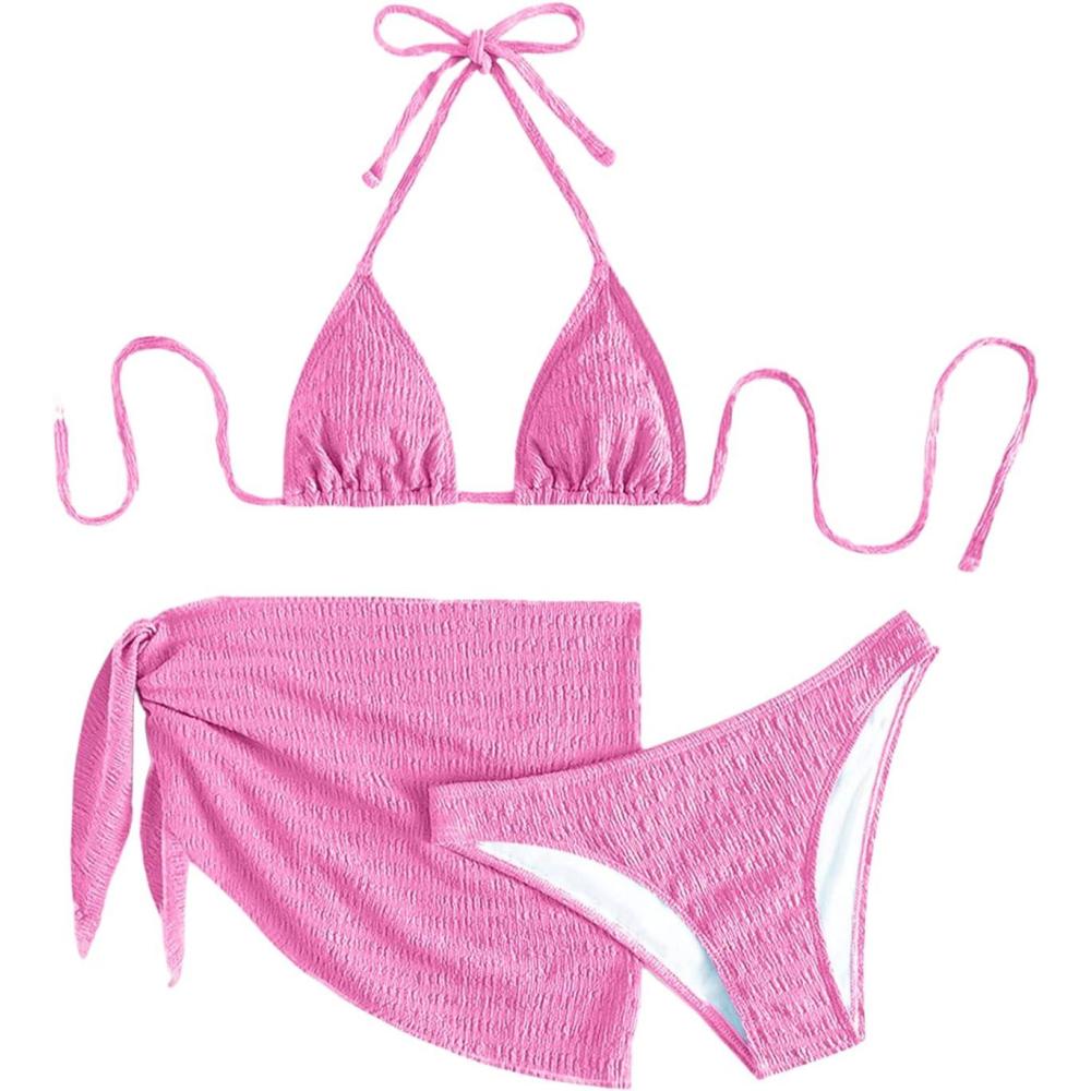 imageSHENHE Womens 3 Piece Textured High Cut Halter Triangle Bikini Swimsuit with Cover UpPink