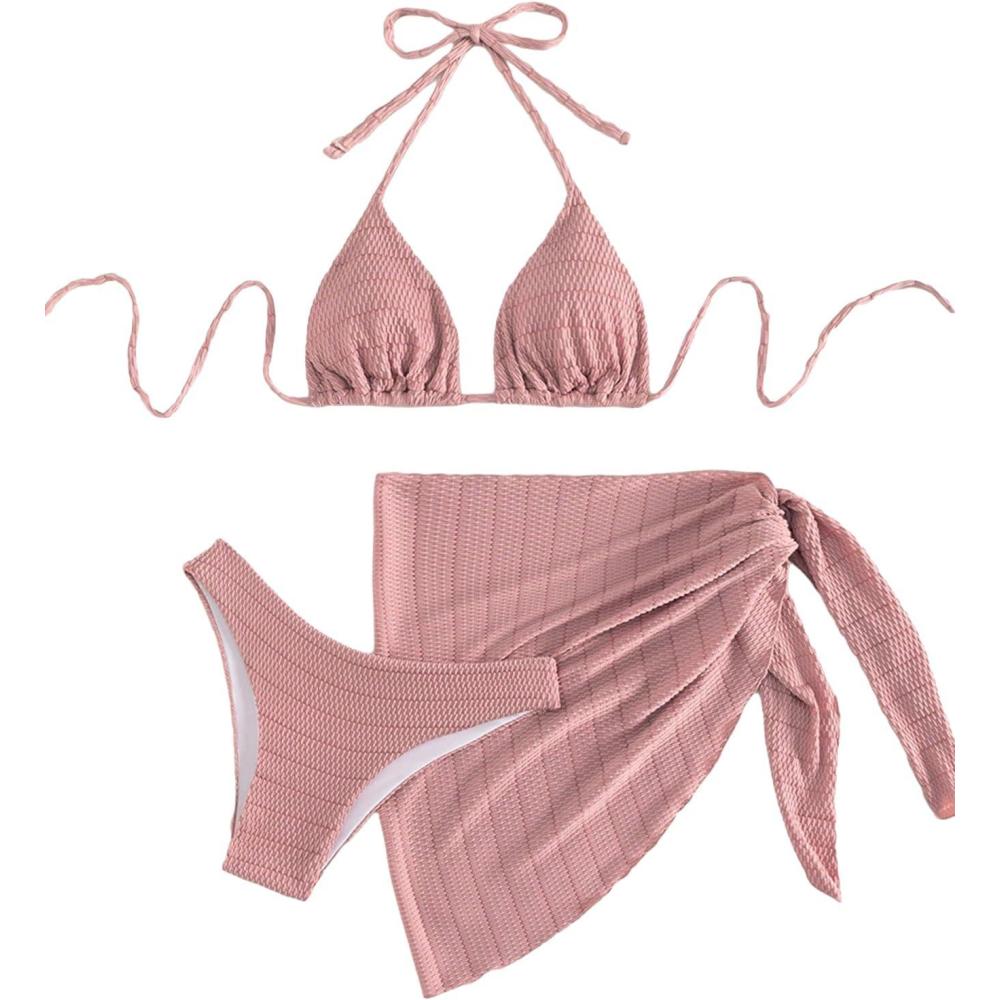 imageSHENHE Womens 3 Piece Textured High Cut Halter Triangle Bikini Swimsuit with Cover UpPlain Pink