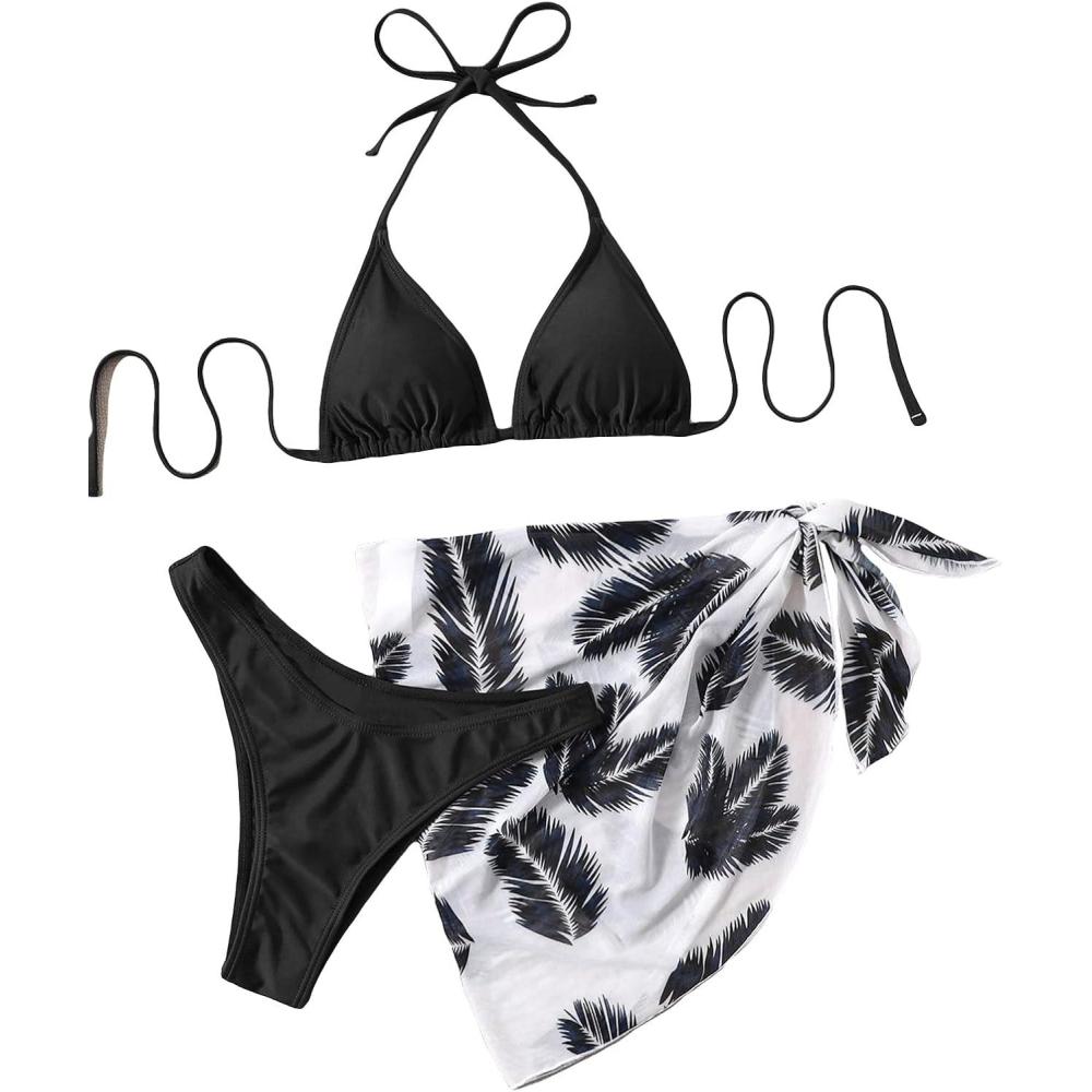 imageSHENHE Womens 3 Piece Textured High Cut Halter Triangle Bikini Swimsuit with Cover UpPlant Print Black