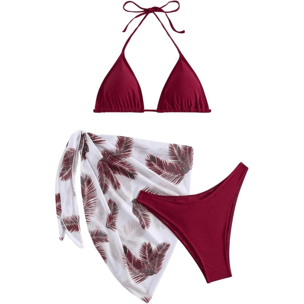 imageSHENHE Womens 3 Piece Textured High Cut Halter Triangle Bikini Swimsuit with Cover UpPlant Print Burgundy