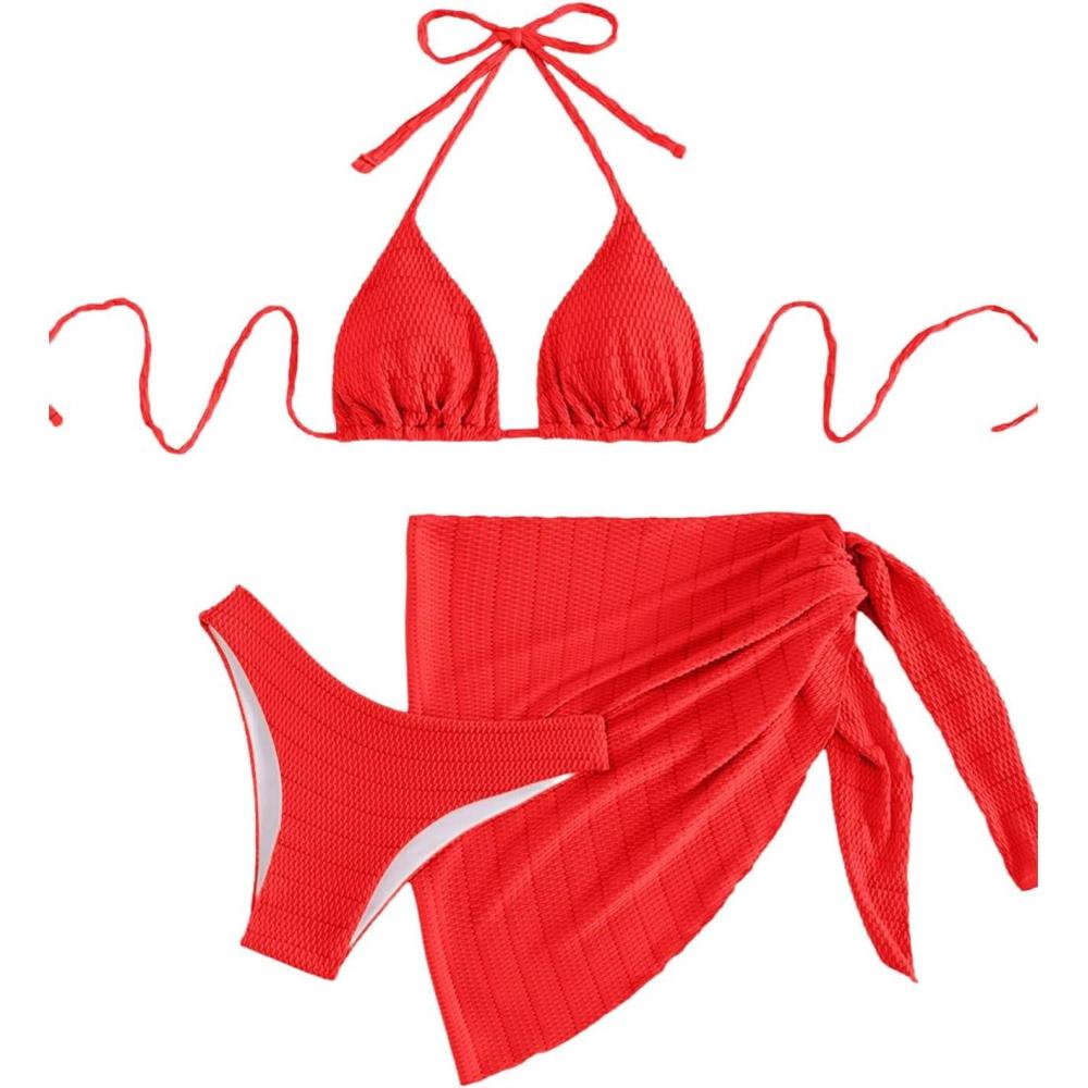 imageSHENHE Womens 3 Piece Textured High Cut Halter Triangle Bikini Swimsuit with Cover UpRed a