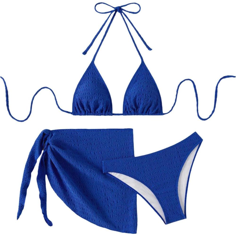 imageSHENHE Womens 3 Piece Textured High Cut Halter Triangle Bikini Swimsuit with Cover UpRoyal Blue a