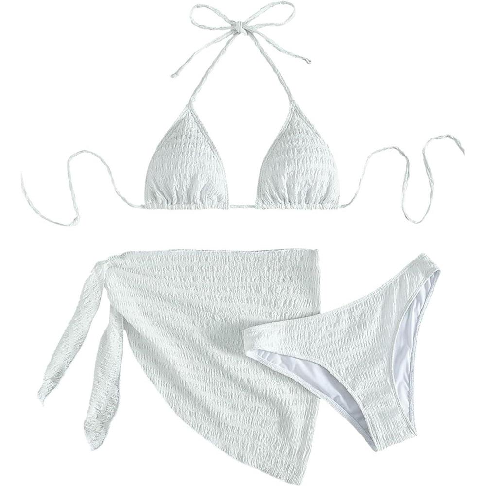 imageSHENHE Womens 3 Piece Textured High Cut Halter Triangle Bikini Swimsuit with Cover UpWhite