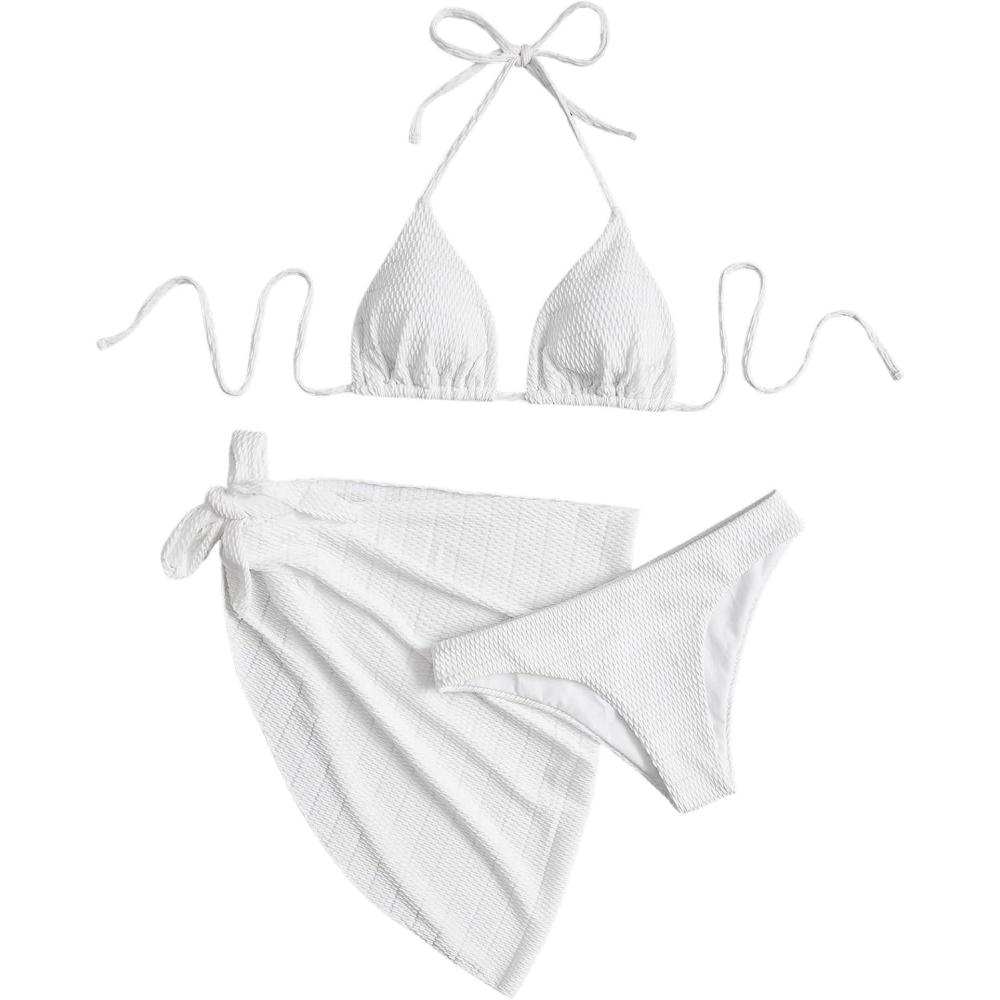 imageSHENHE Womens 3 Piece Textured High Cut Halter Triangle Bikini Swimsuit with Cover UpWhite Plain