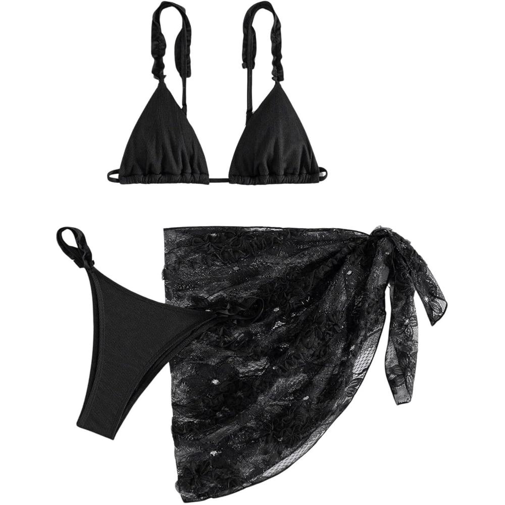 imageSHENHE Womens 3 Pieces Swimsuits with Lace Sarong Coverup Skirt Triangle Frilly Bikini SetBlack