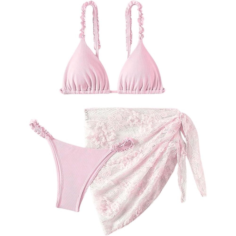 imageSHENHE Womens 3 Pieces Swimsuits with Lace Sarong Coverup Skirt Triangle Frilly Bikini SetPink