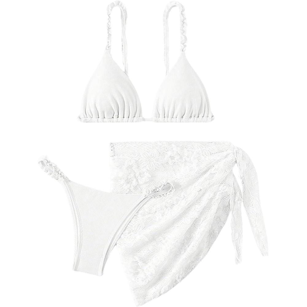 imageSHENHE Womens 3 Pieces Swimsuits with Lace Sarong Coverup Skirt Triangle Frilly Bikini SetSolid White