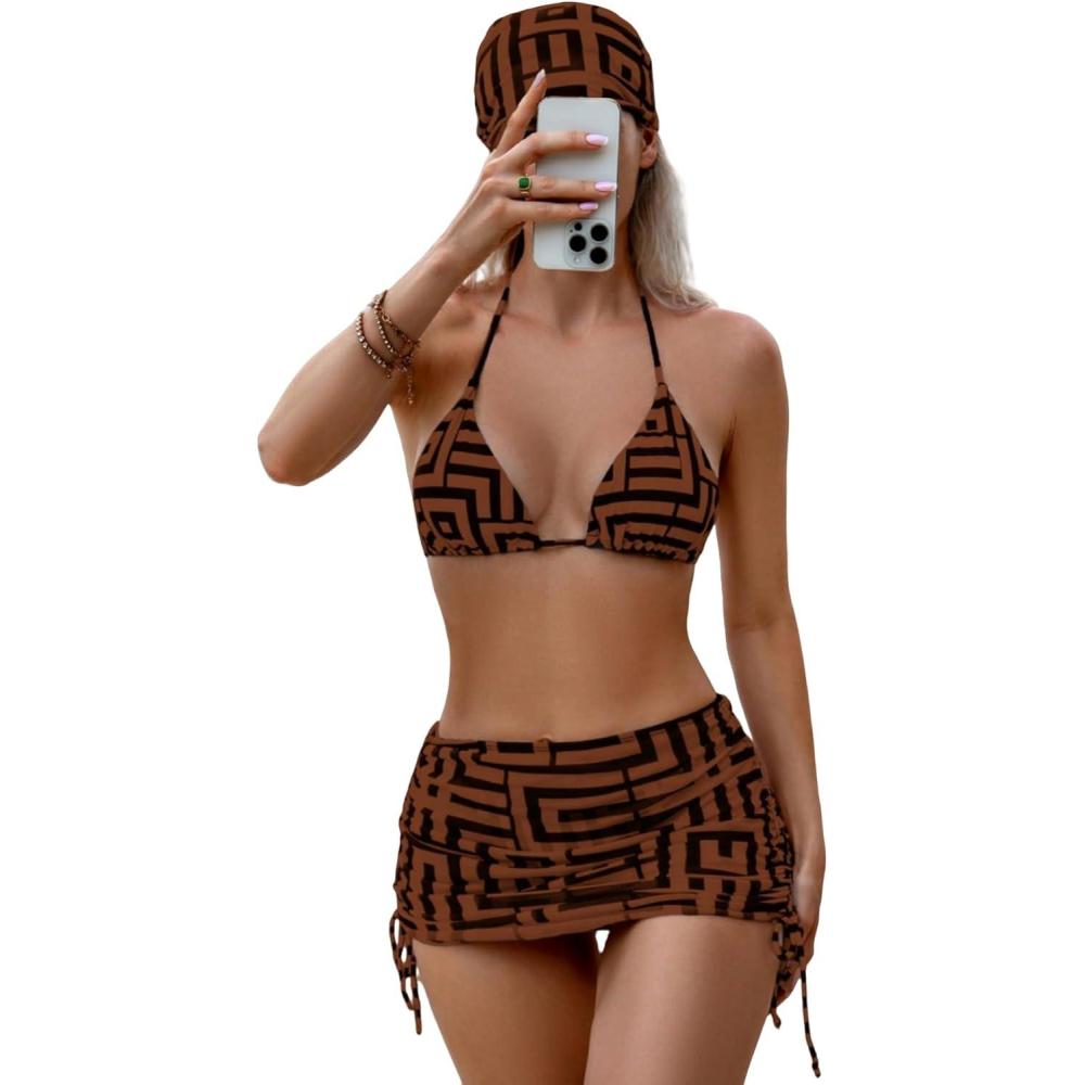 imageSHENHE Womens 4 Piece Paisley Swimsuit Halter Tie Back Sexy Triangle Bikini Sets with Cover UpBrown Geo Print